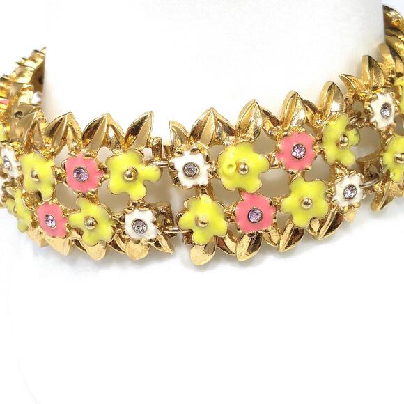 1980s Monet Floral Enamel Bracelet Pink Yellow White Rhinestone Vintage Jewelry - Picture 3 of 10